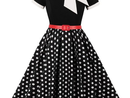 A Line Black Polka Dots Short Sleeves 1950s Dress with Belt Hot on Sale