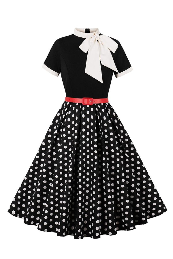 A Line Black Polka Dots Short Sleeves 1950s Dress with Belt Hot on Sale