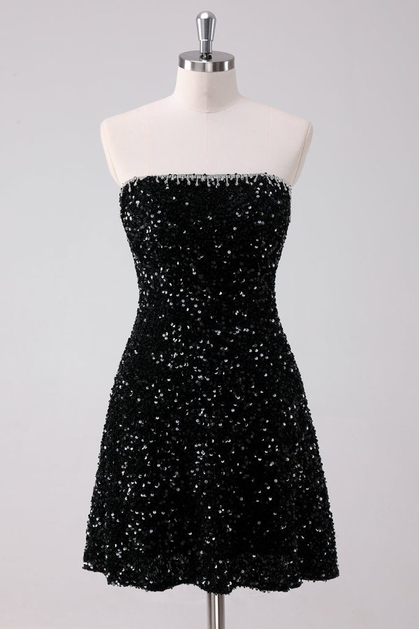 Sparkly Black A-Line Strapless Sequins Short Homecoming Dress Fashion