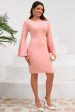 Bodycon Pink Round Neck Midi Cocktail Dress with Long Sleeves For Discount