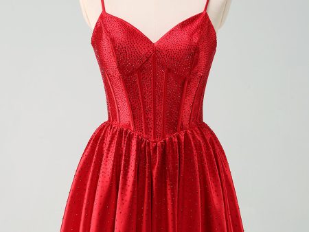 Red  A-Line Spaghetti Straps Corset Pleated Homecoming Dress on Sale