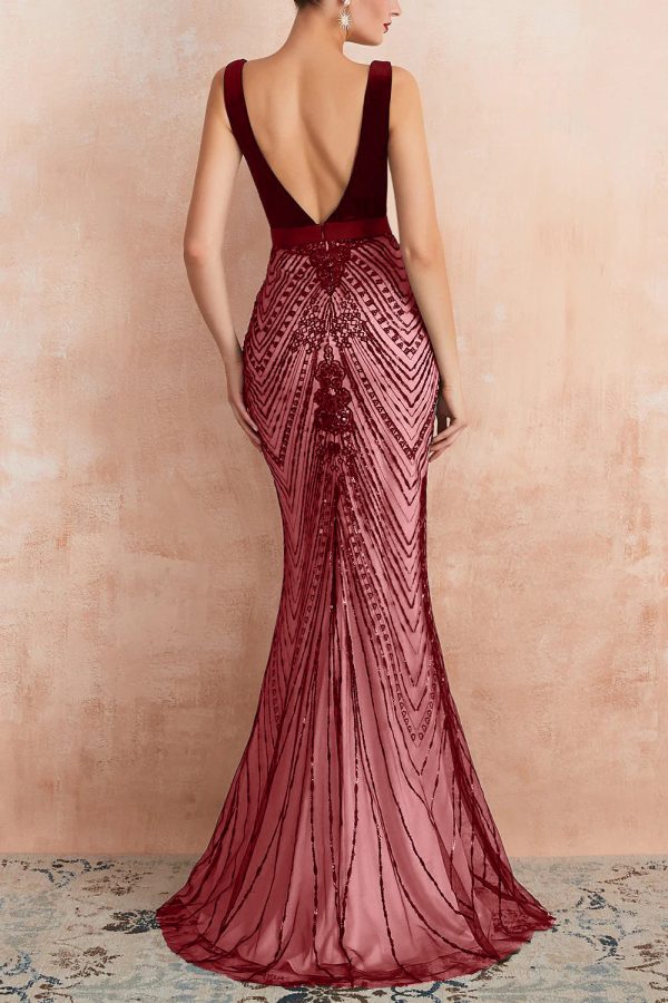 Sparkly Burgundy Mermaid Deep V Neck Long Prom Dress with Open Back Online Hot Sale