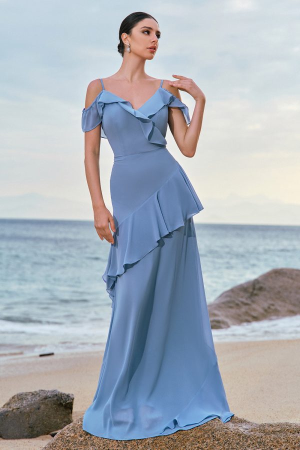 Blue Cold Shoulder Chiffon Bridesmaid Dress with Ruffles Online