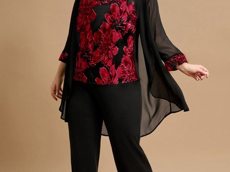 Black Red Flower Round Neck Long Sleeves 3 Pieces Mother of the Bride Pant Suits Online now