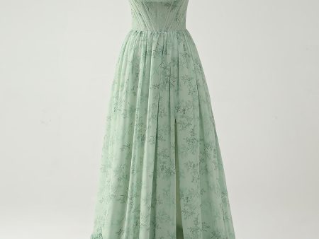 Green Flowers A-Line Spaghetti Straps Print Long Bridesmaid Dress with Slit For Discount