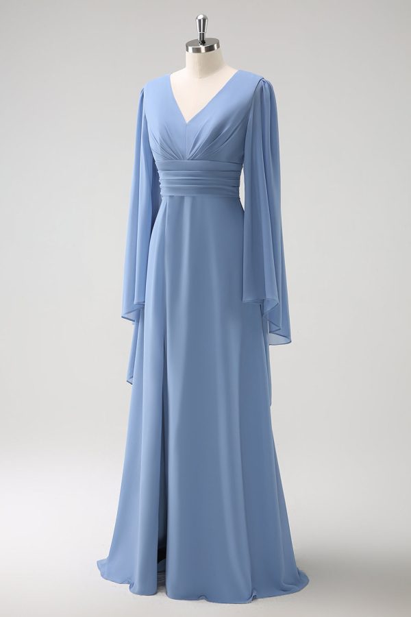 Grey Blue A Line Long Sleeves Chiffon Bridesmaid Dress with Slit Hot on Sale