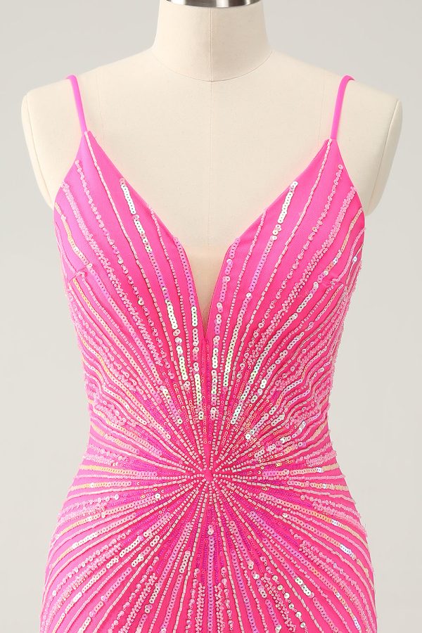 Hot Pink Spaghetti Straps Tight Short Backless Homecoming Dress with Sequins Sale