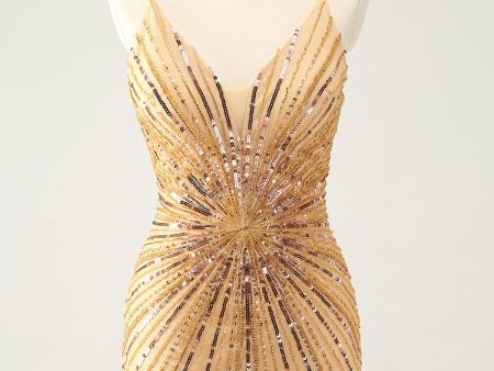 Golden Tight Spaghetti Straps Homecoming Dress with Sequins For Cheap