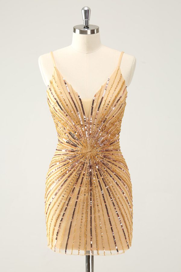 Golden Tight Spaghetti Straps Homecoming Dress with Sequins For Cheap