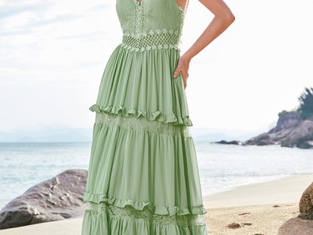 Green A Line Ruffled Floral Long Bridesmaid Dress with Lace Cheap