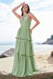 Green A Line Ruffled Floral Long Bridesmaid Dress with Lace Cheap