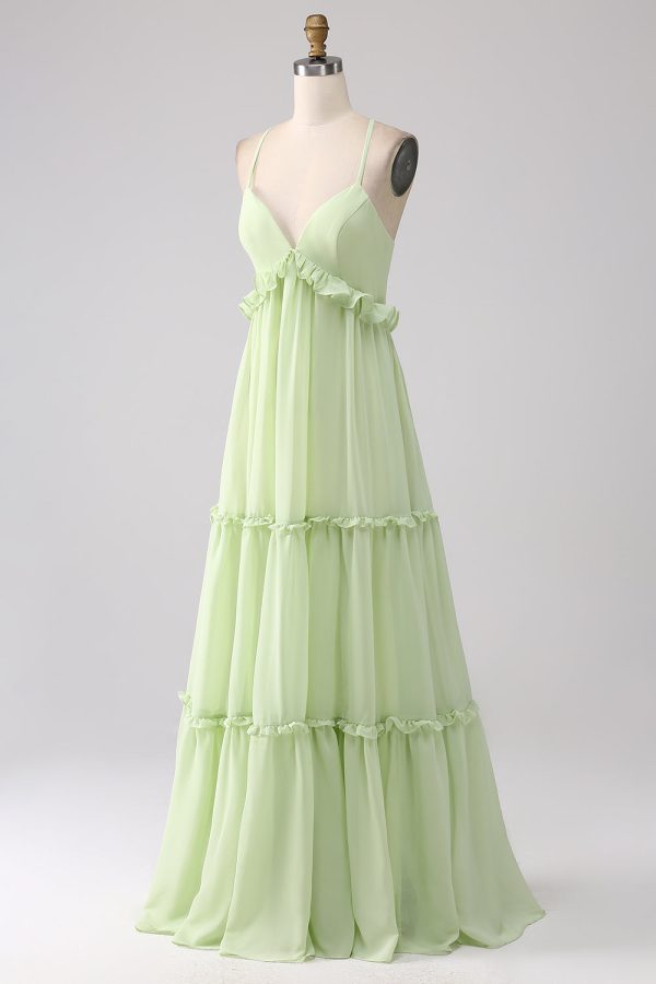 Ruffles A Line Green Bridesmaid Dress with Lace-up Back on Sale