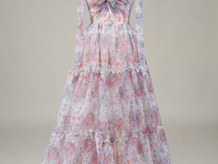 A-Line Spaghetti Straps Lilac Flower Printed Prom Dress Online Sale