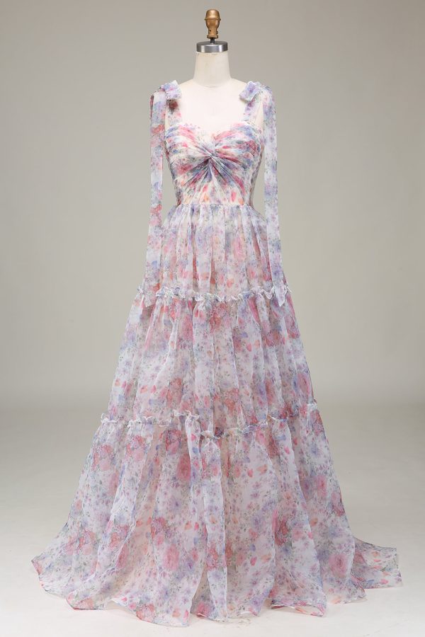 A-Line Spaghetti Straps Lilac Flower Printed Prom Dress Online Sale