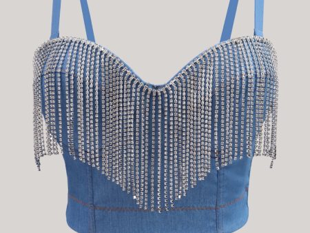 Blue Rhinestone Fringe Denim Crop Top Sale