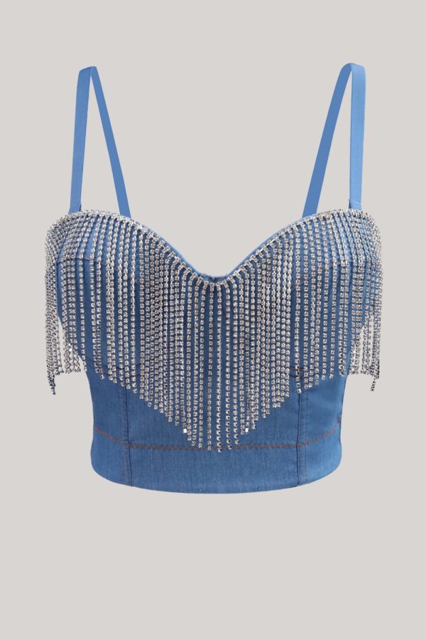 Blue Rhinestone Fringe Denim Crop Top Sale