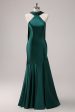 Dark Green Halter Satin Mermaid Bridesmaid Dress with Streamer Cheap