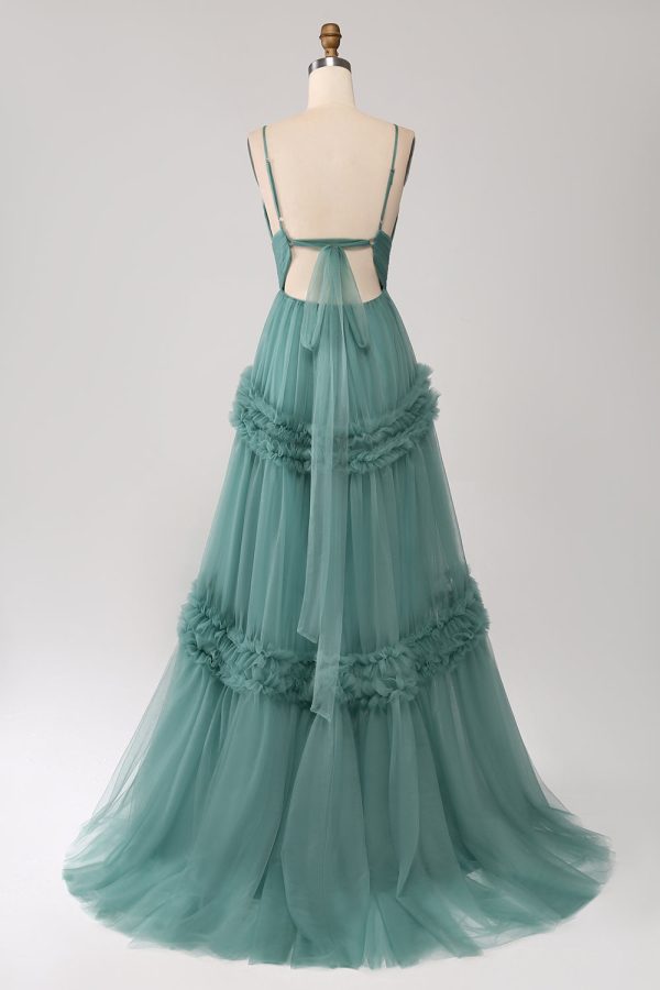 Green A Line Spaghetti Straps Tulle Long Prom Dress with Ruffles Hot on Sale