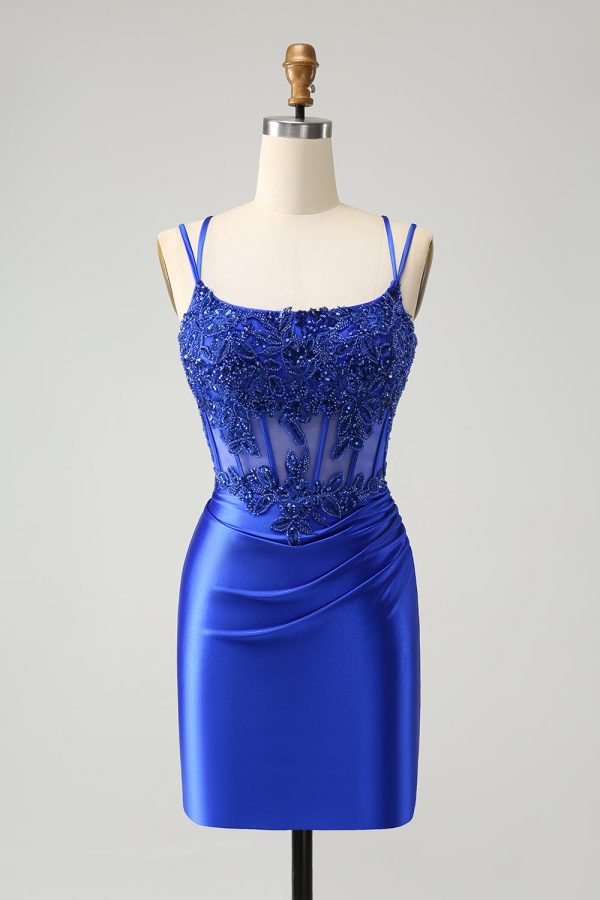 Royal Blue Corset Spaghetti Straps Tight Homecoming Dress Supply