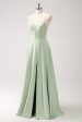 Green Spaghetti Straps A-Line Satin Long Corset Bridesmaid Dress with Slit Online