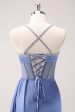 Sparkly Blue Spaghetti Straps Corset Prom Dress with Lace-Up Back Online Hot Sale