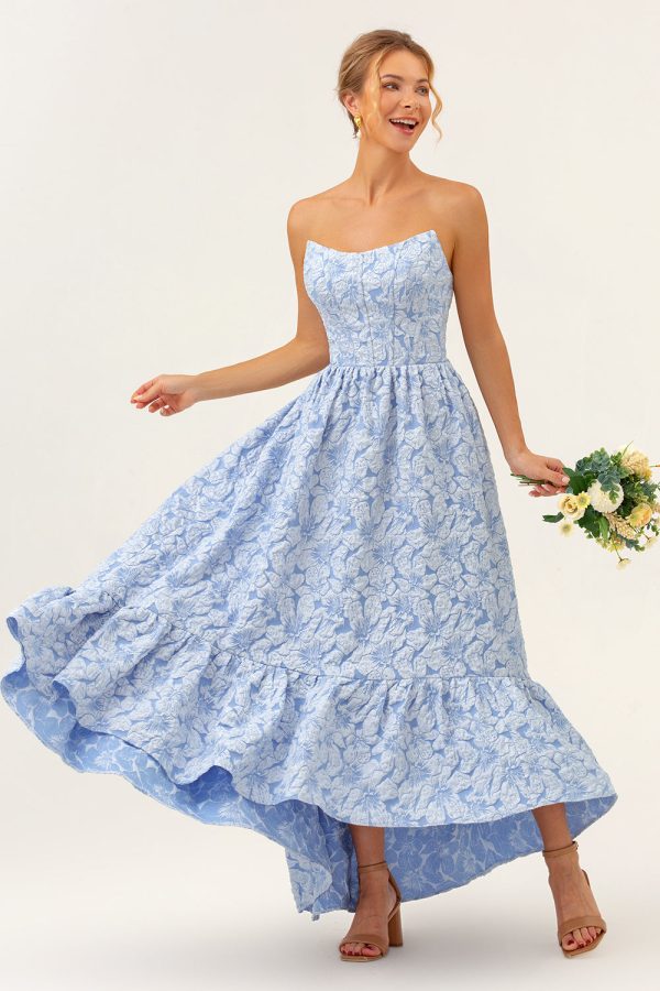 A-Line Blue Floral Strapless High Low Bridesmaid Dress on Sale