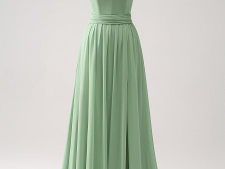 Dusty Sage A-Line Lace Up Back Long Bridesmaid Dress with Slit For Sale