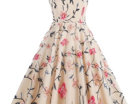 Apricot Elegant Floral Embroidered Sleeveless Midi Vintage Dress Supply