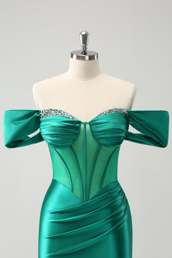 Green Off the Shoulder Satin Tight Homecoming Dress with Beading For Cheap