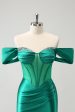 Green Off the Shoulder Satin Tight Homecoming Dress with Beading For Cheap