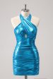 Metallic Tight Halter Backless Satin Blue Homecoming Dress Discount