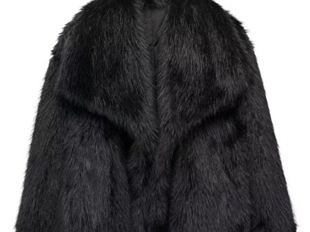 Fluffy Black Turn Lapel Faux Fur Winter Coat For Cheap