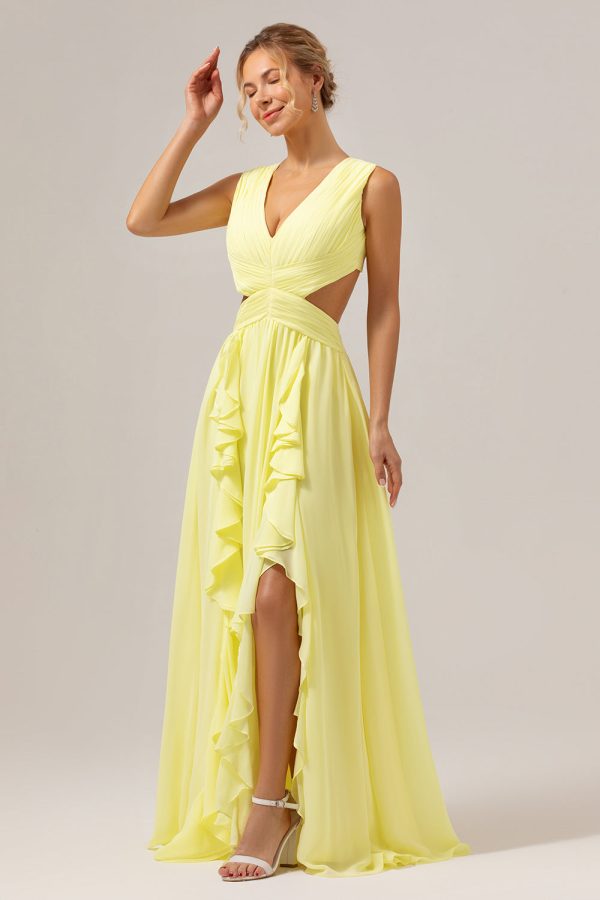 Lemon Yellow A Line Cut Out Lace Up Back Long Bridesmaid Dress with Ruffles Online now