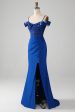 Beaded Royal Blue Corset Prom Dress with Slit Sale