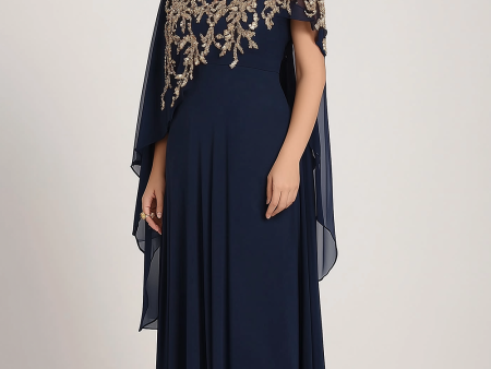 Sparkly Navy Chiffon Mother of Bride Dress with Cape For Sale