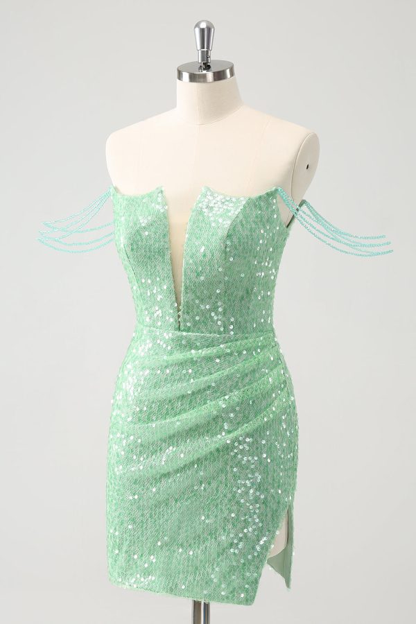 Sparkly Green Off the Shoulder Ruched Tight Homecoming Dress with Sequins Online