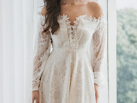 Elegant Off the Shoulder Lace White Graduation Dress with Long Sleeves Fashion