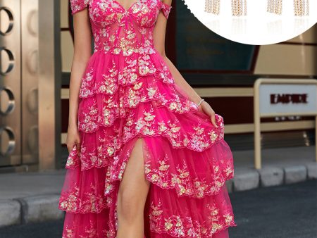 Trendy A Line Off the Shoulder Fuchsia Split Front Corset Prom Dress with Accessories Set Discount