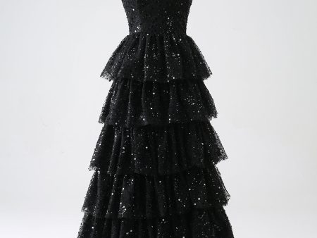 A-Line Sequins Black Tiered Prom Dress with Slit Online