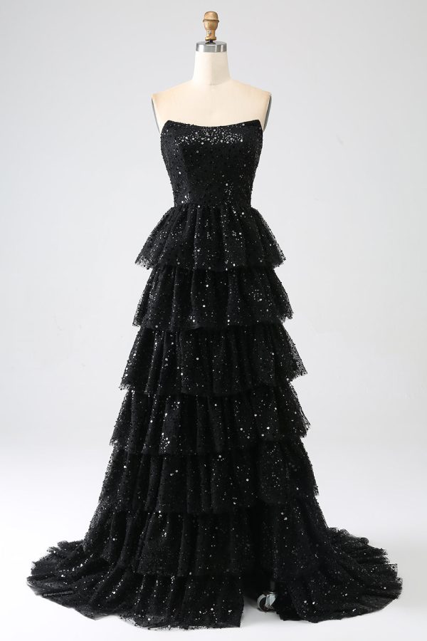 A-Line Sequins Black Tiered Prom Dress with Slit Online