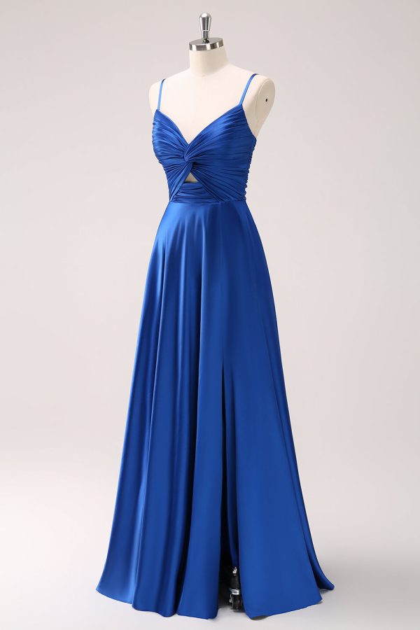 Ink Blue Spaghetti Straps Satin Bridesmaid Dress with Slit Sale