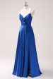 Ink Blue Spaghetti Straps Satin Bridesmaid Dress with Slit Sale