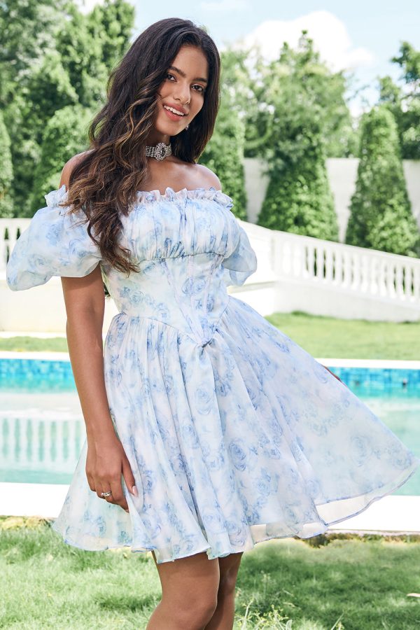 Sky Blue A Line Square Neck Print Floral Ruffle Short Homecoming Dress with Puff Sleeves Online