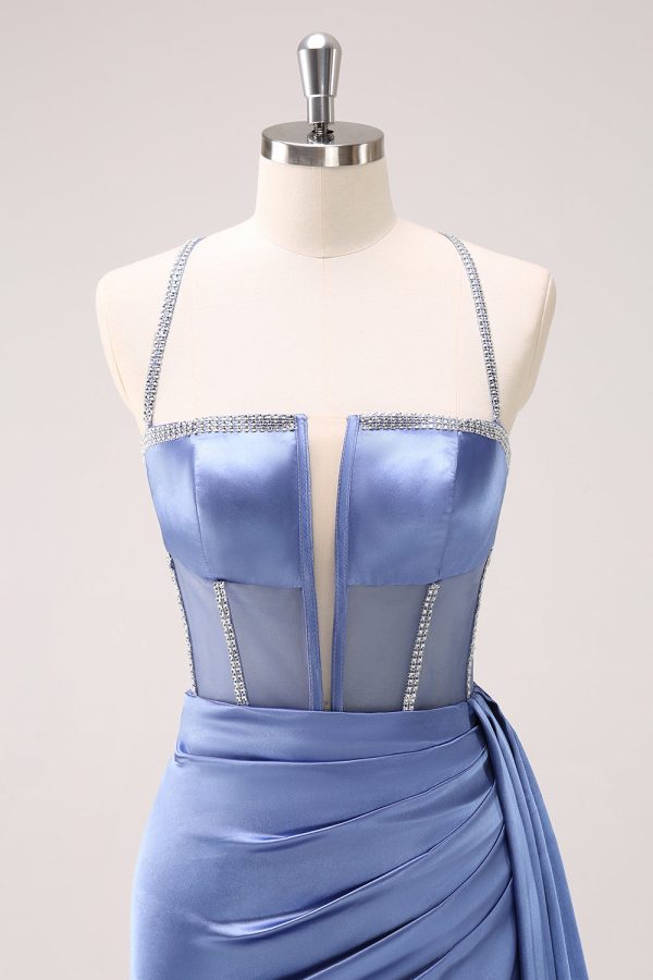 Sparkly Blue Spaghetti Straps Corset Prom Dress with Lace-Up Back Online Hot Sale