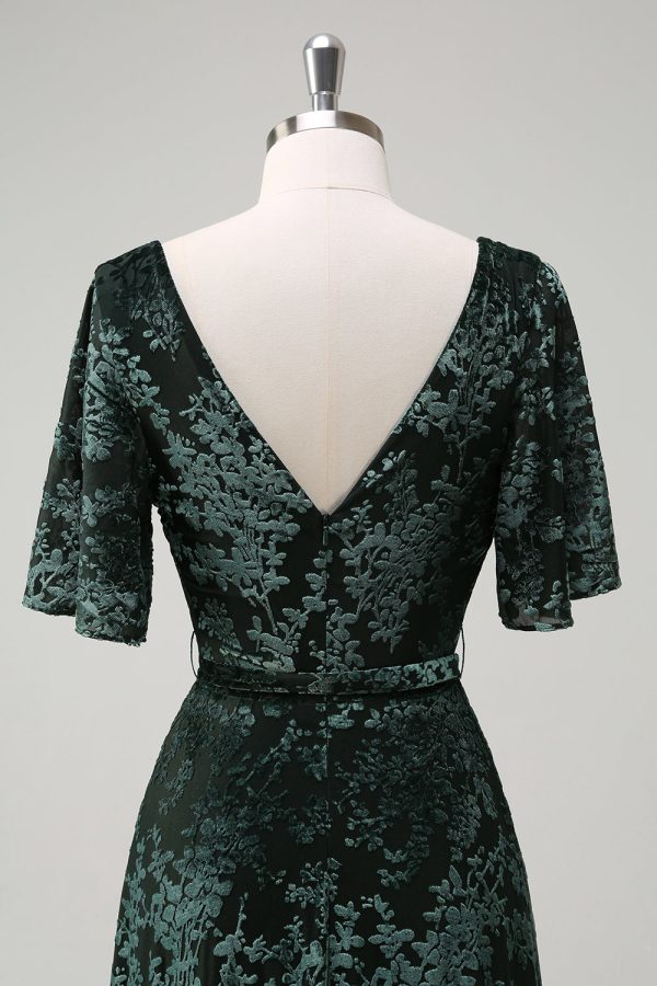 Dark Green A Line V-Neck Burnout Velvet Floral Long Bridesmaid Dress Fashion