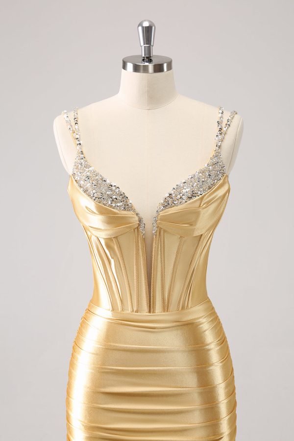 Golden Spaghetti Straps Bodycon Homecoming Dress with Sequins Cheap