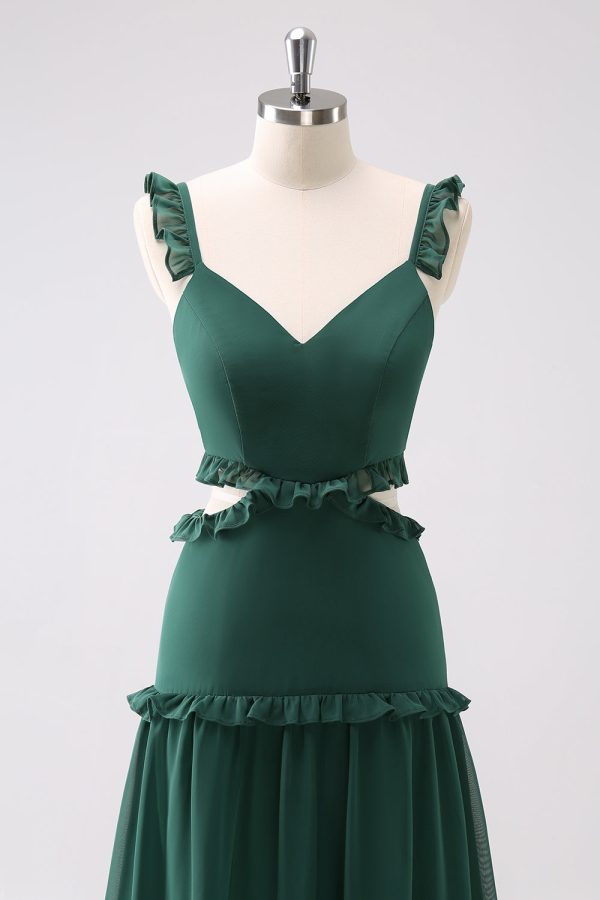 Dark Green A-Line Hollow Out Ruffled Long Bridesmaid Dress Fashion