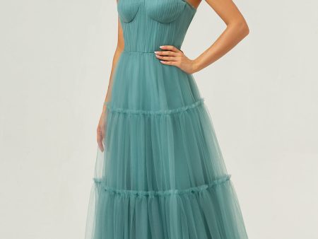 A-Line Strapless Corset Tulle Eucalyptus Bridesmaid Dress on Sale