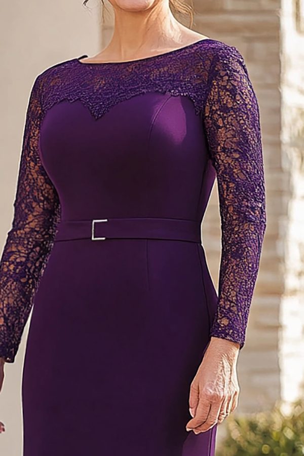 Lace 3 4 Sleeves Purple Sheath Length Belt Mother of the Bride Dress with Slit Online Sale