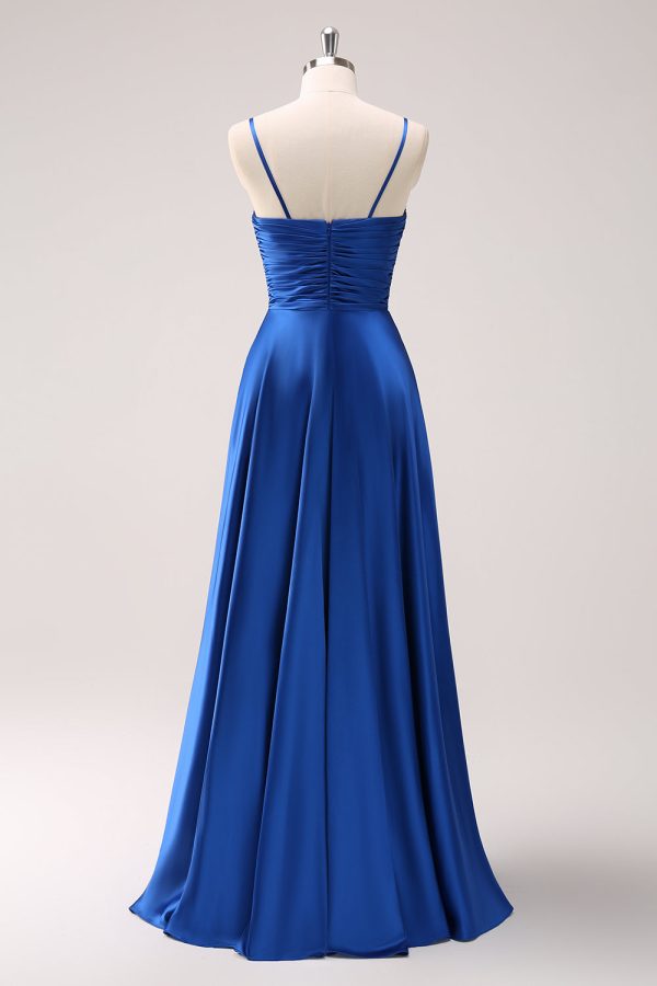 Ink Blue Spaghetti Straps Satin Bridesmaid Dress with Slit Sale